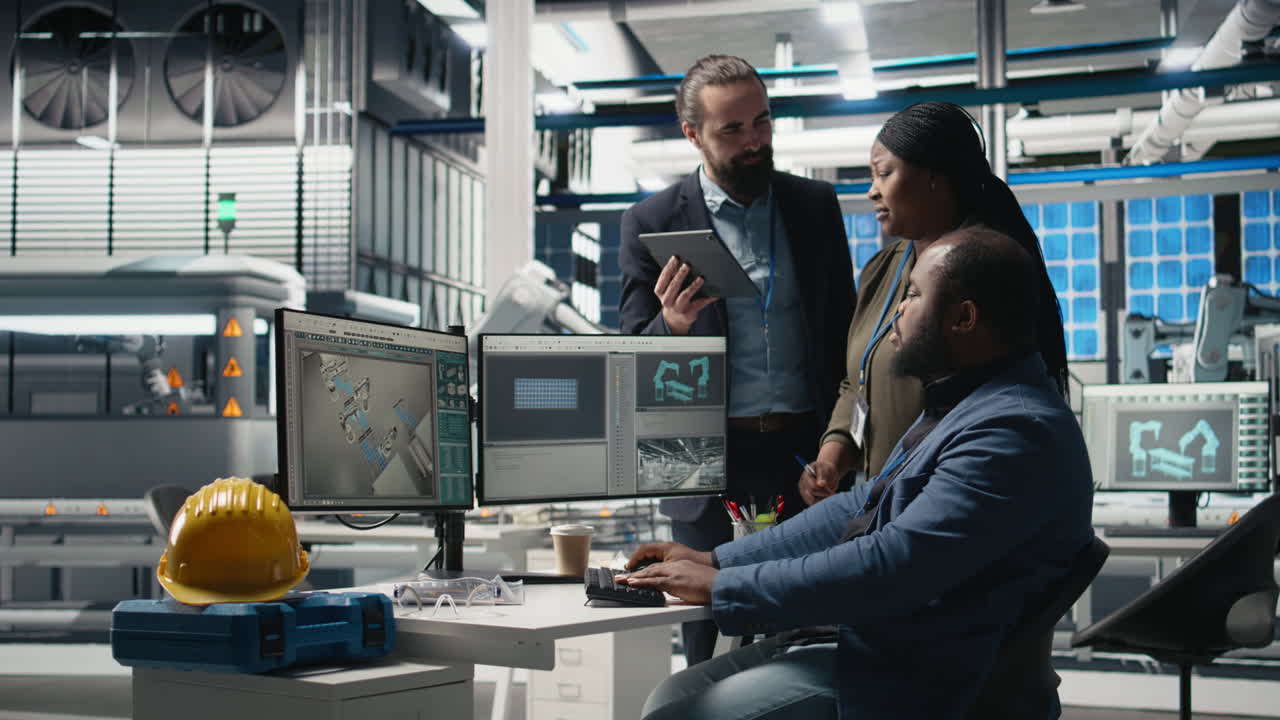 Engineers Collaborate on Robotics Project in Factory