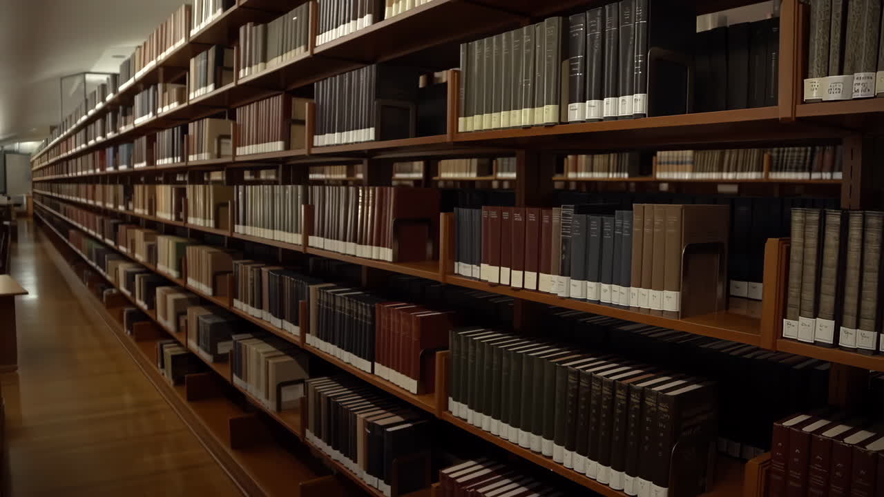 A long, quiet hallway lined with wooden bookshelves filled with books in a library or archive