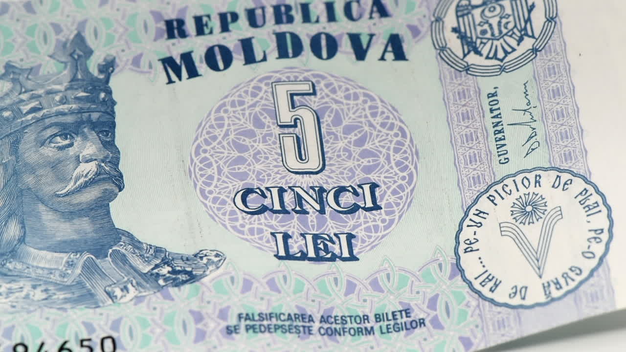 Moldavian five lei banknote in a macro shot