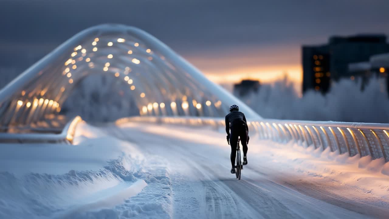 A solitary cyclist navigates a snow-covered path beneath an elegantly designed bridge with illuminated arches, capturing the serene beauty of winter cycling at dusk against a backdrop of a frozen landscape