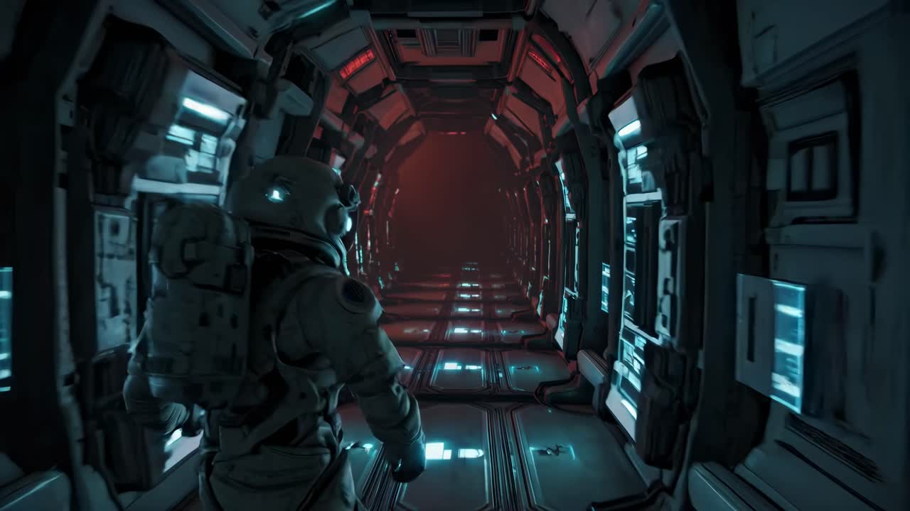 미래의 우주선 복도에서 우주비행사