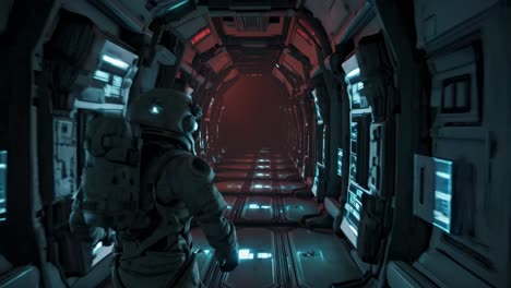 astronaut in a futuristic spaceship corridor