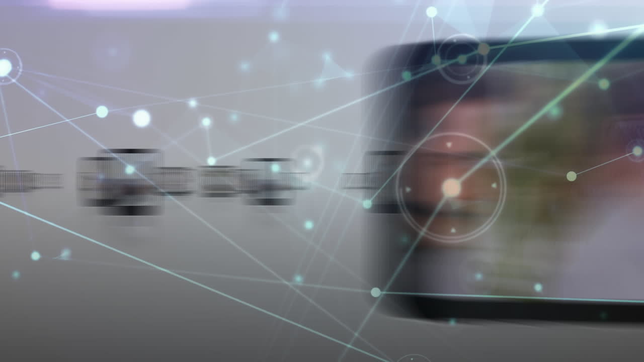 animación de puntos conectados sobre diversas personas que trabajan en la oficina contra un fondo abstracto.