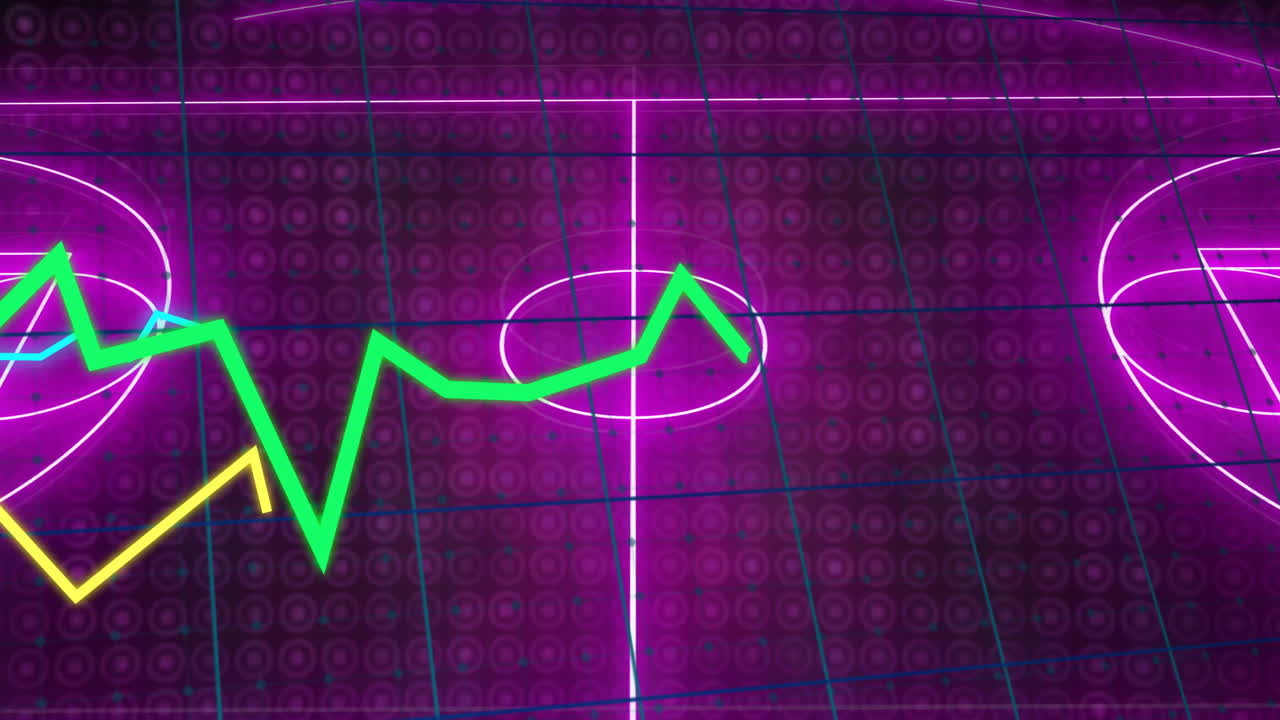 Green line graph animation over purple grid background with circular patterns