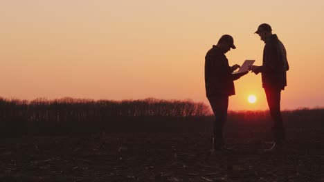 two male farmers working in the field, using a laptop and tablet