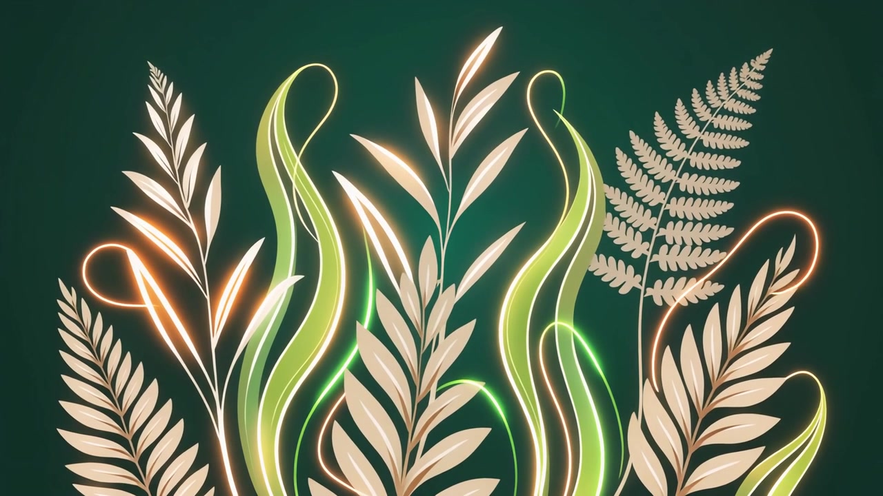 Animated Botanical Illustration with Glowing Foliage on Dark Green Background