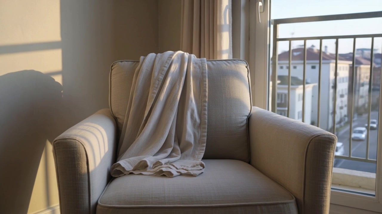 Poltrona beige assolata con plaid che cattura il sole basso alla porta a vetri, la telecamera in panoramica rivela il balcone.