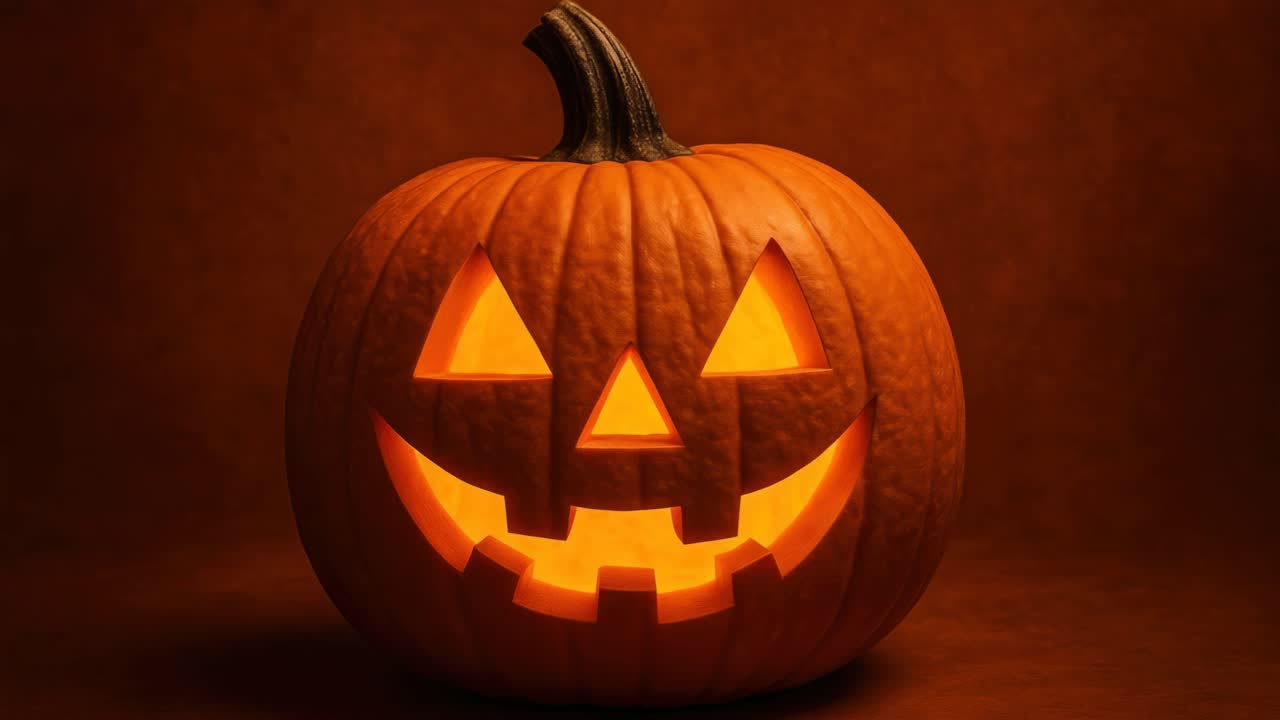 A close-up, front-facing shot of a glowing jack-o'-lantern with a carved smile, perfect