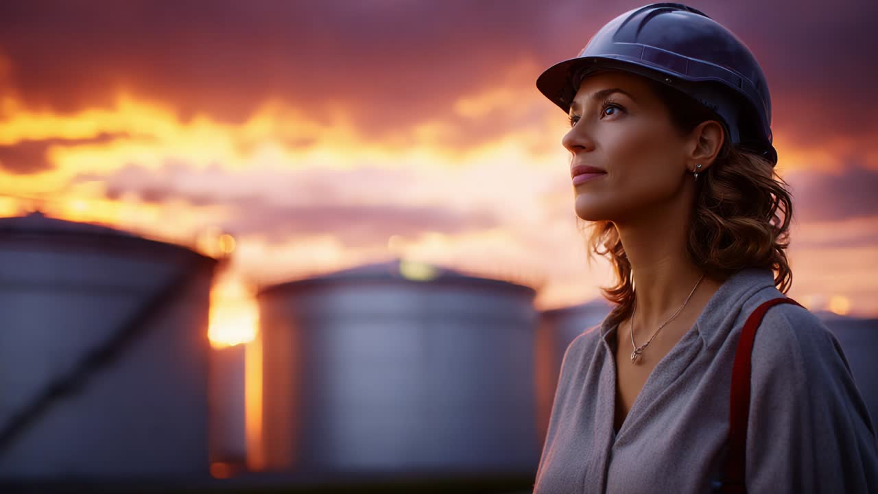 Une femme déterminée portant un casque de chantier regarde pensivement l’horizon, se détachant sur un magnifique panorama de coucher de soleil, entourée de grands réservoirs de stockage industriels, incarnant l’autonomie et la force.