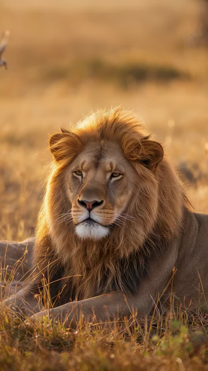 Vertical video: Narrowing eyes, adult male lion tracking bird flying from right over savanna grass