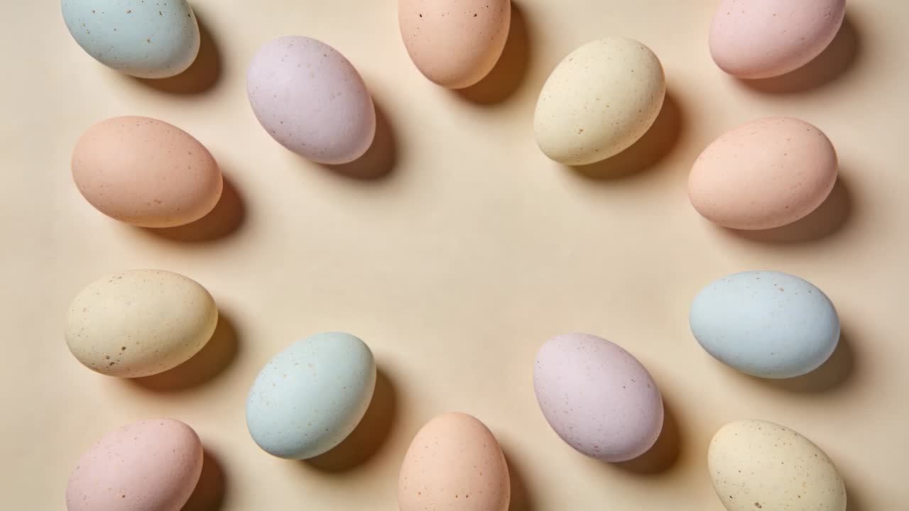 Drifting soft speckled eggs in ring shifting across frames, settling on pale peach mat with shadows