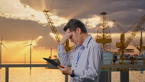 side view of an asian male professional worker standing with his tablet with offshore hydrogen production, high-tech industrial facility, checking with dissapionted and nodding his head