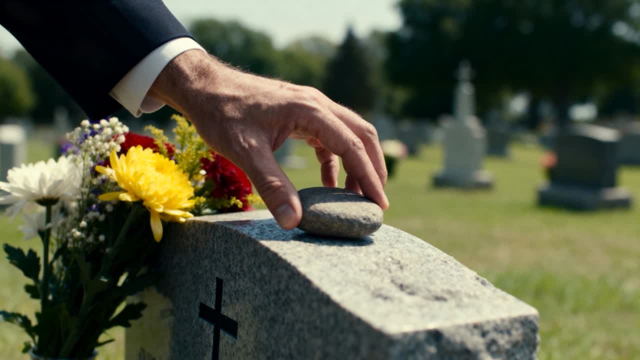 Mano destra con polsino di vestito scuro che depone una pietra su una lapide con croce in un cimitero, in segno di onore