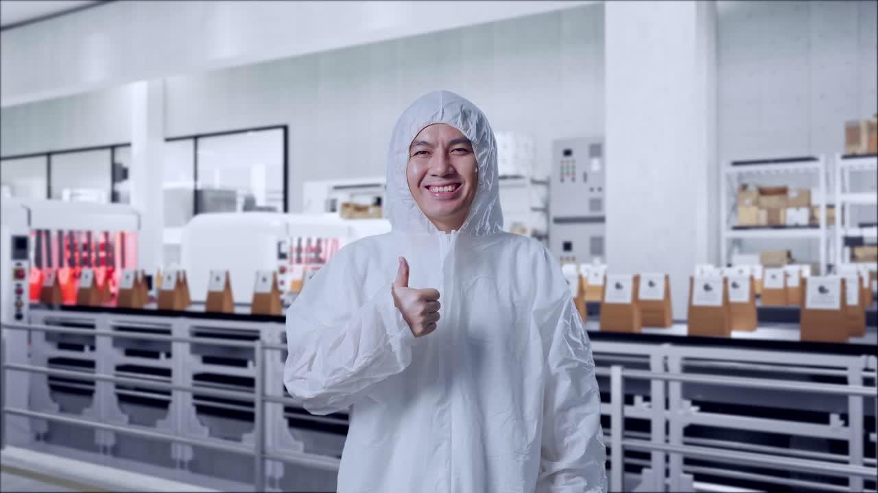 Asian Male Scientist Showing Thumbs Up Gesture And Smiling With Conveyor for Packaging Coffee Beans in Bags at Coffee Factory