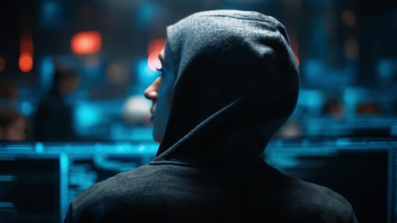 Gölgelerde: Bilgisayar ekranlarıyla çevrili karanlık bir odadaki odaklanmış bir birey, siber güvenliğin ve hacker kültürünün karmaşık dünyasını temsil ediyor.