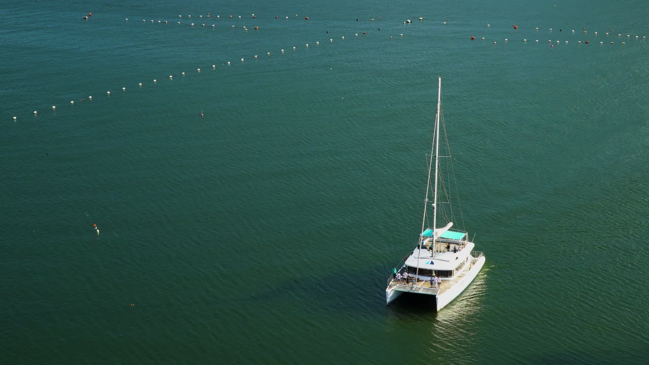 turistas en catamarán navegando en el mar azul durante el verano en corea del sur