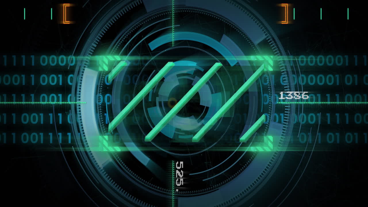 Rotating elements and digital interface in futuristic scanning and data processing animation