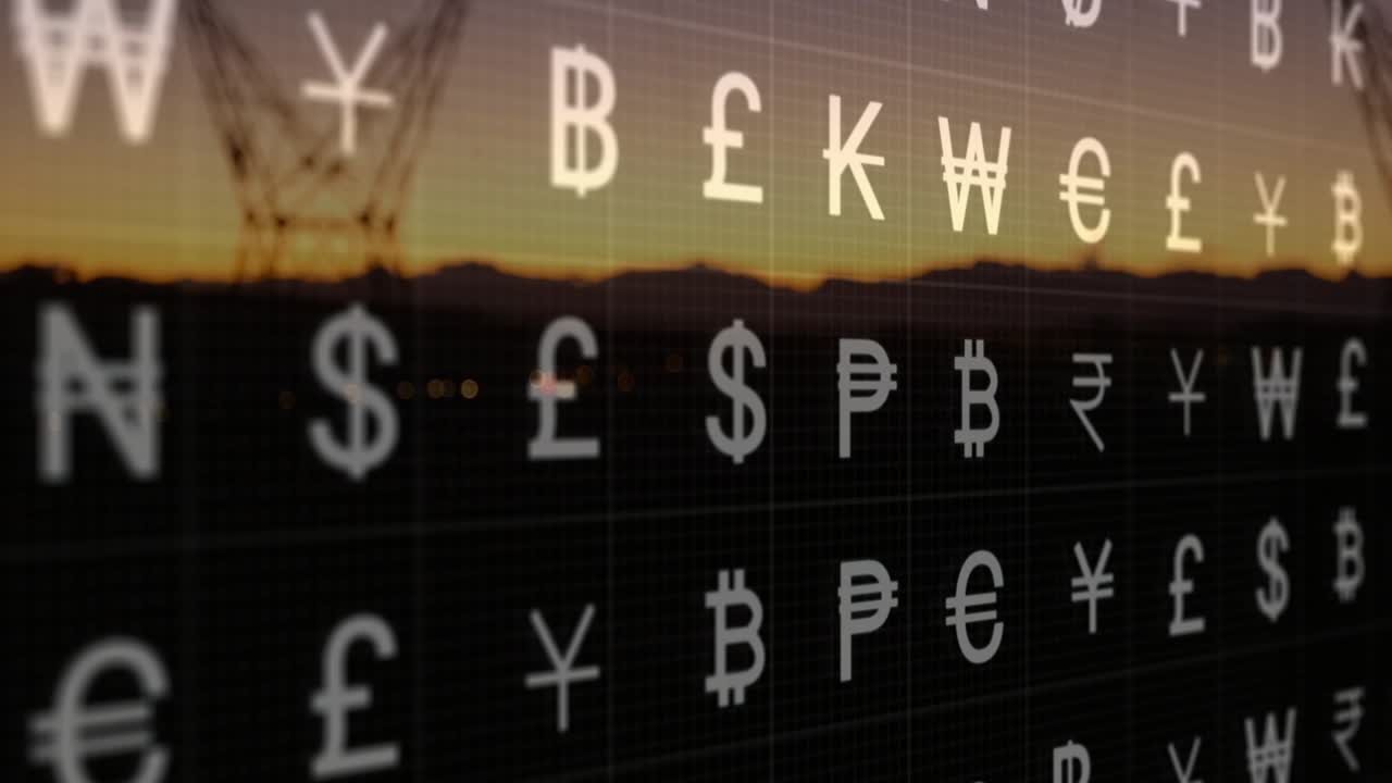 Currency glyph grid drifting after camera pan, aligning with tower, representing financial flow