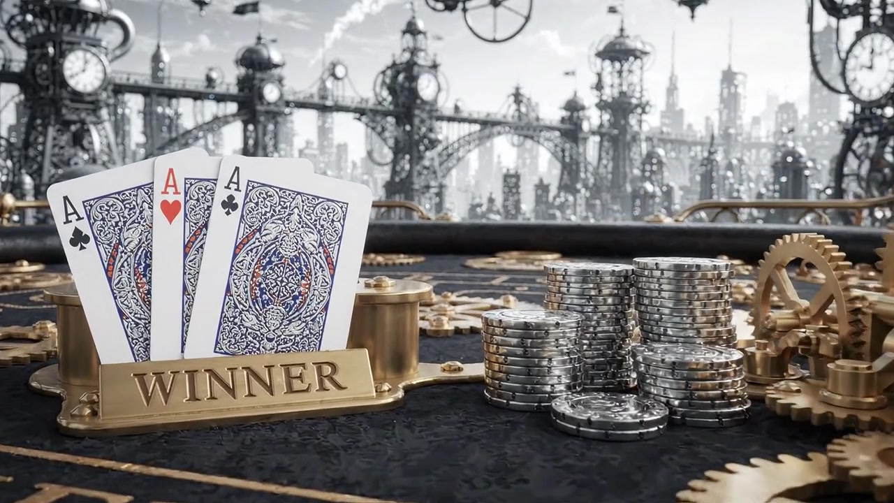 A captivating steampunk-themed casino scene showcasing winning playing cards, gears, and silver coins, illustrating a moment of triumph in a fantastical world.