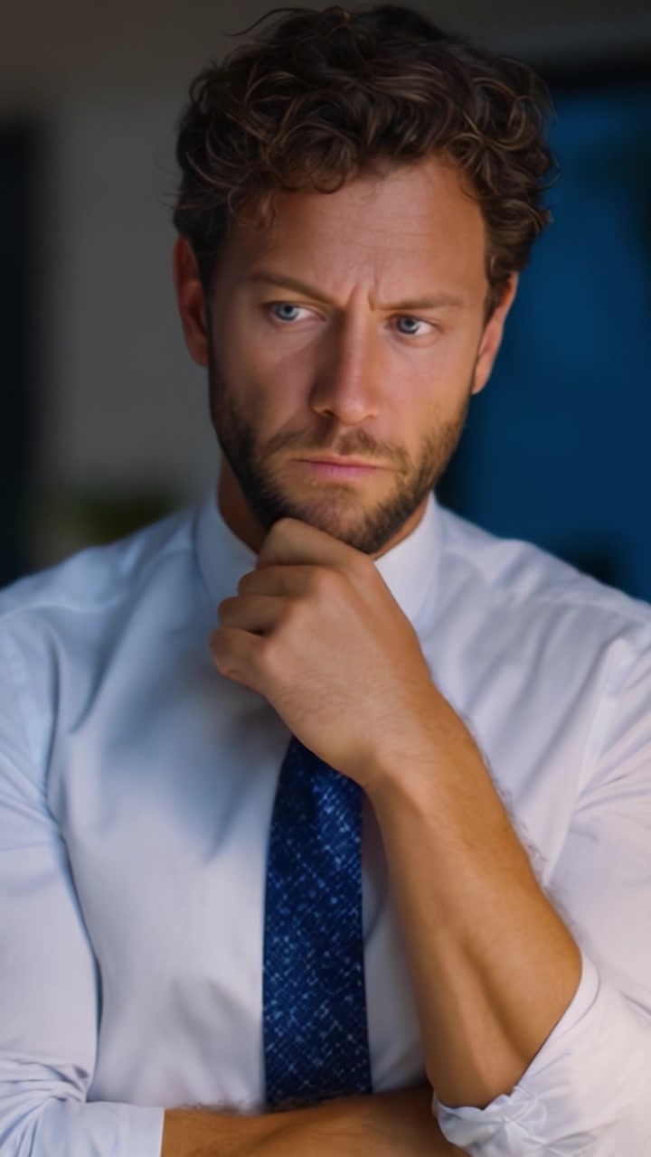 Un uomo contemplativo in camicia e cravatta formali posa pensieroso con la mano sul mento, evidenziando determinazione e concentrazione in un contesto professionale.