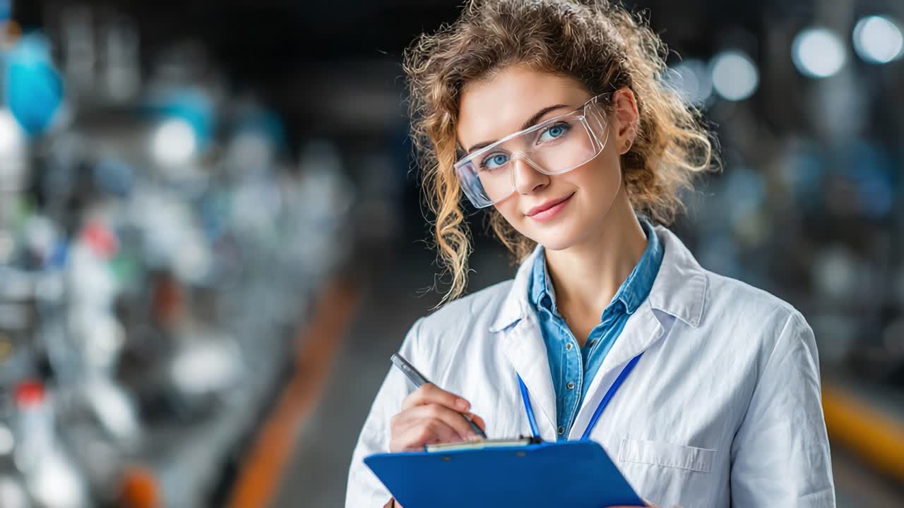 A confident young woman in a laboratory setting, wearing safety goggles and a lab coat, actively engaging in her work while taking notes on a clipboard