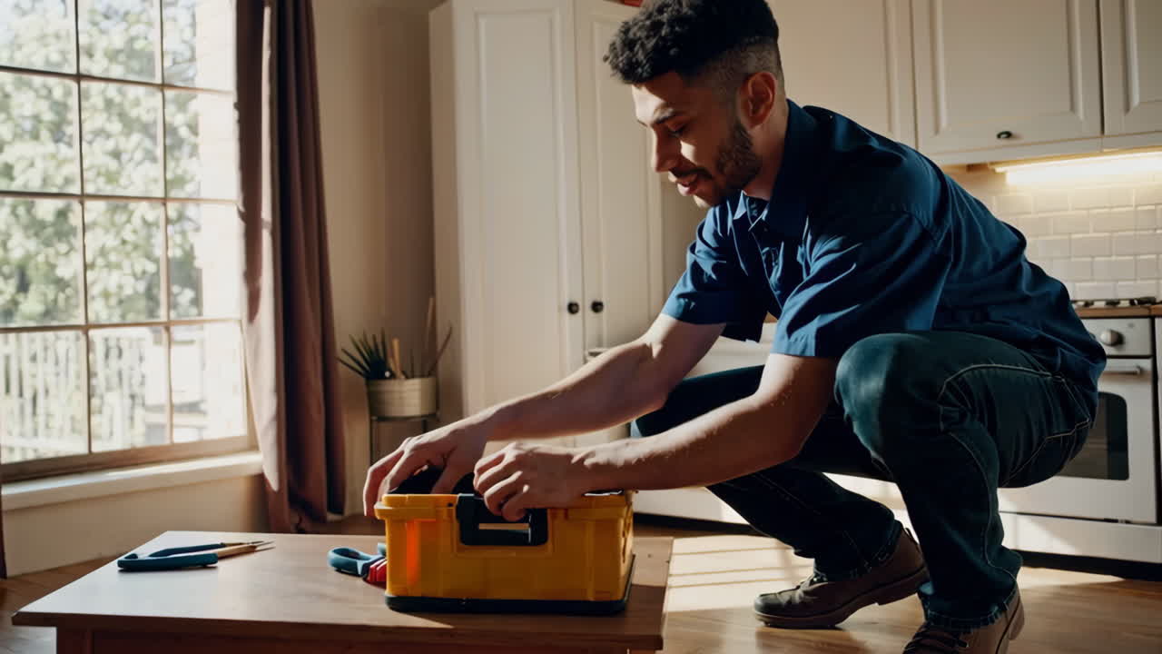 Handyman repairing a kitchen in a home.
