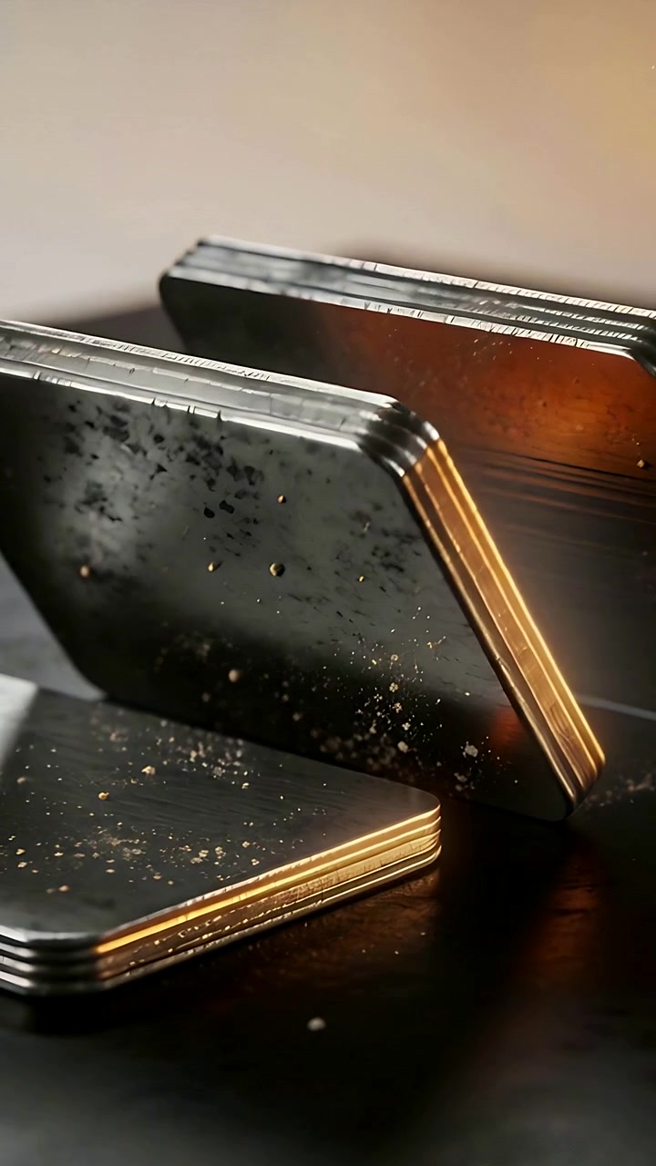 Vertical video: Starting stacked plates leaning rotating on table, showing golden rim, metal flecks