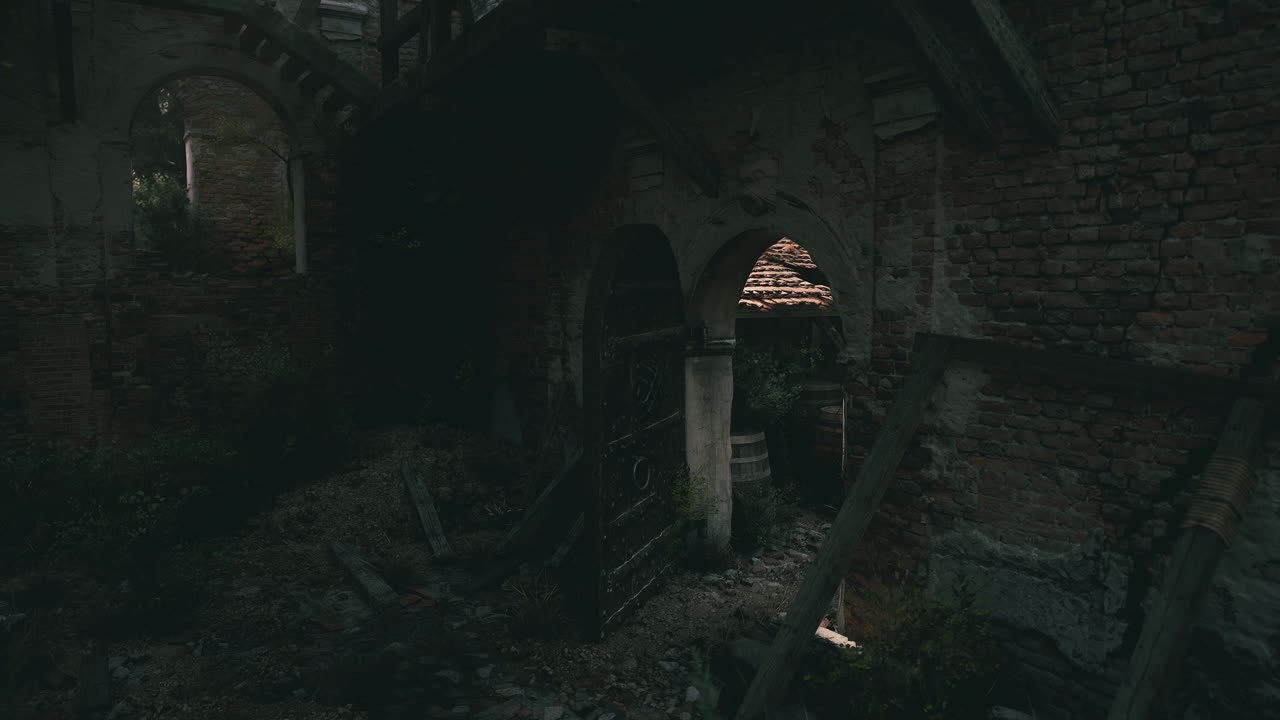 explorando un edificio abandonado con paredes en ruinas y esquinas ocultas