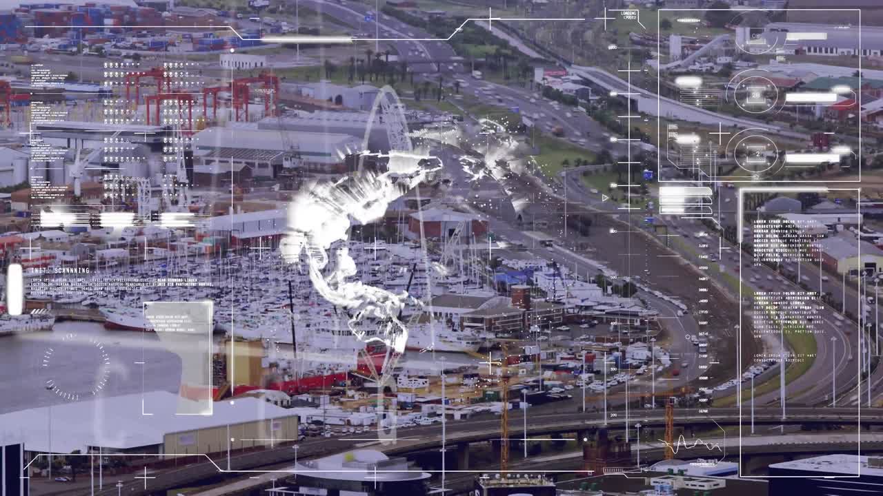 animación de estadísticas y procesamiento de datos financieros sobre el paisaje urbano