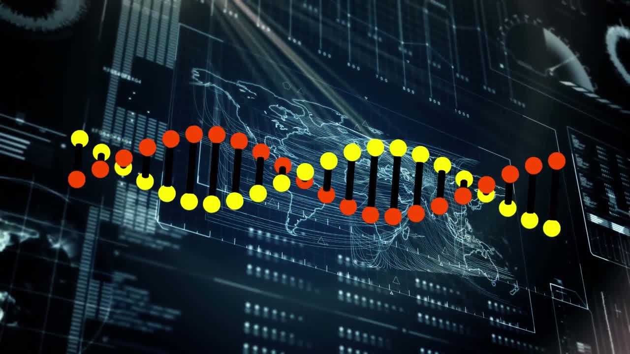 Animation of dna strand turning over interface with information and data processing