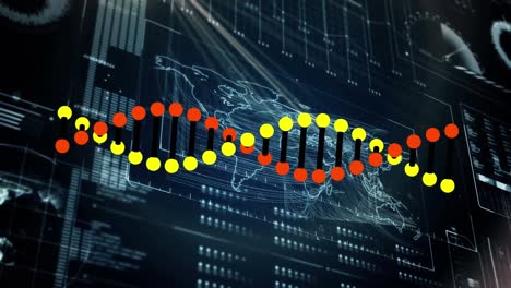 animación de la cadena de adn girando la interfaz con la información y el procesamiento de datos