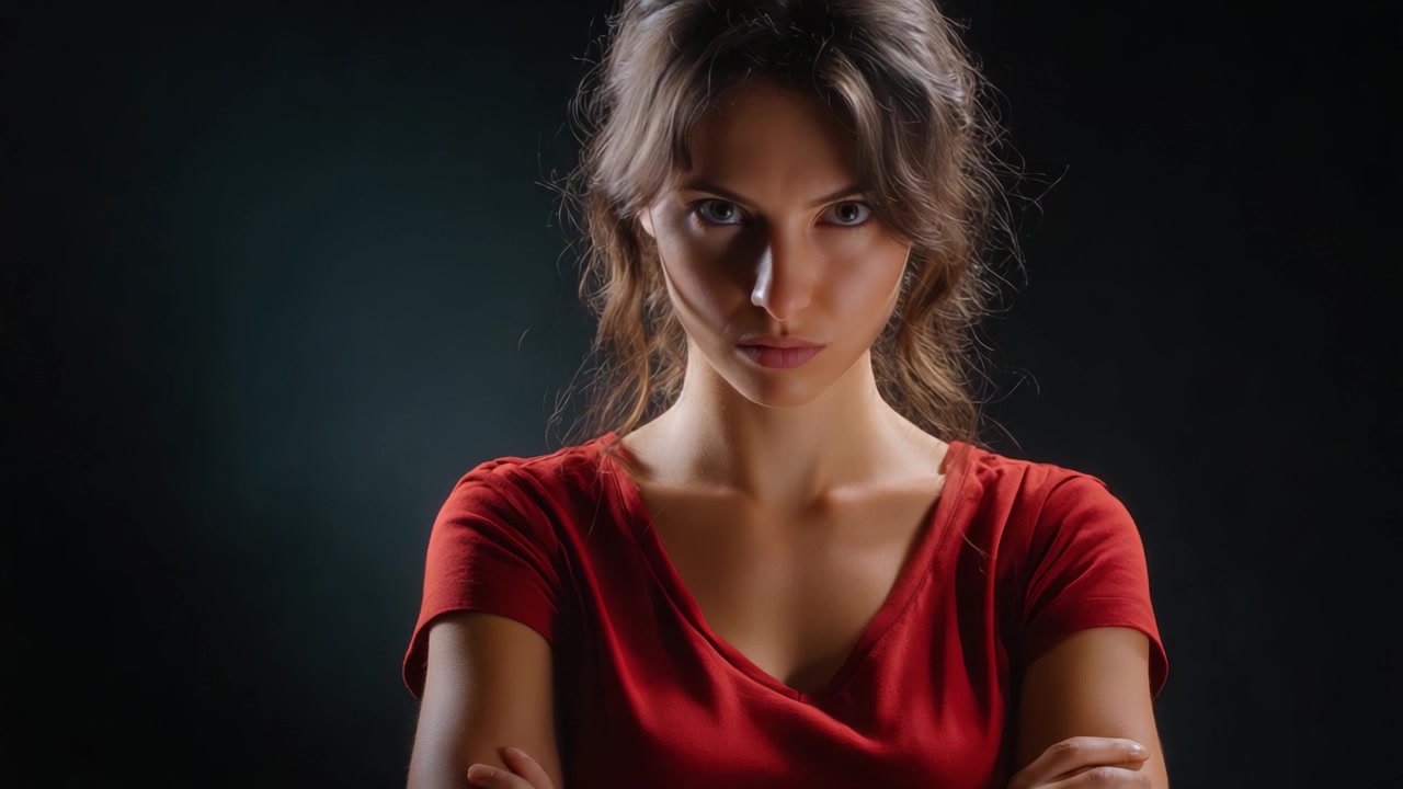 Intense Portrait of a Woman with Bold Expression and Strong Stance in Dramatic Lighting, Capturing Emotion and Depth in a Studio Environment