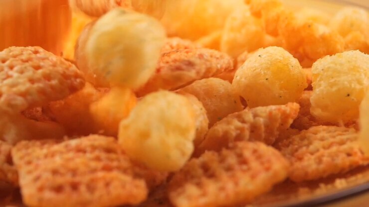 Slow Motion Close-up of Savory Snack Mix Falling