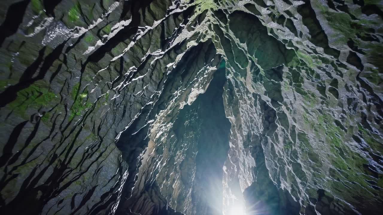 A video captures a low-angle view of a cave's textured ceiling, with light streaming