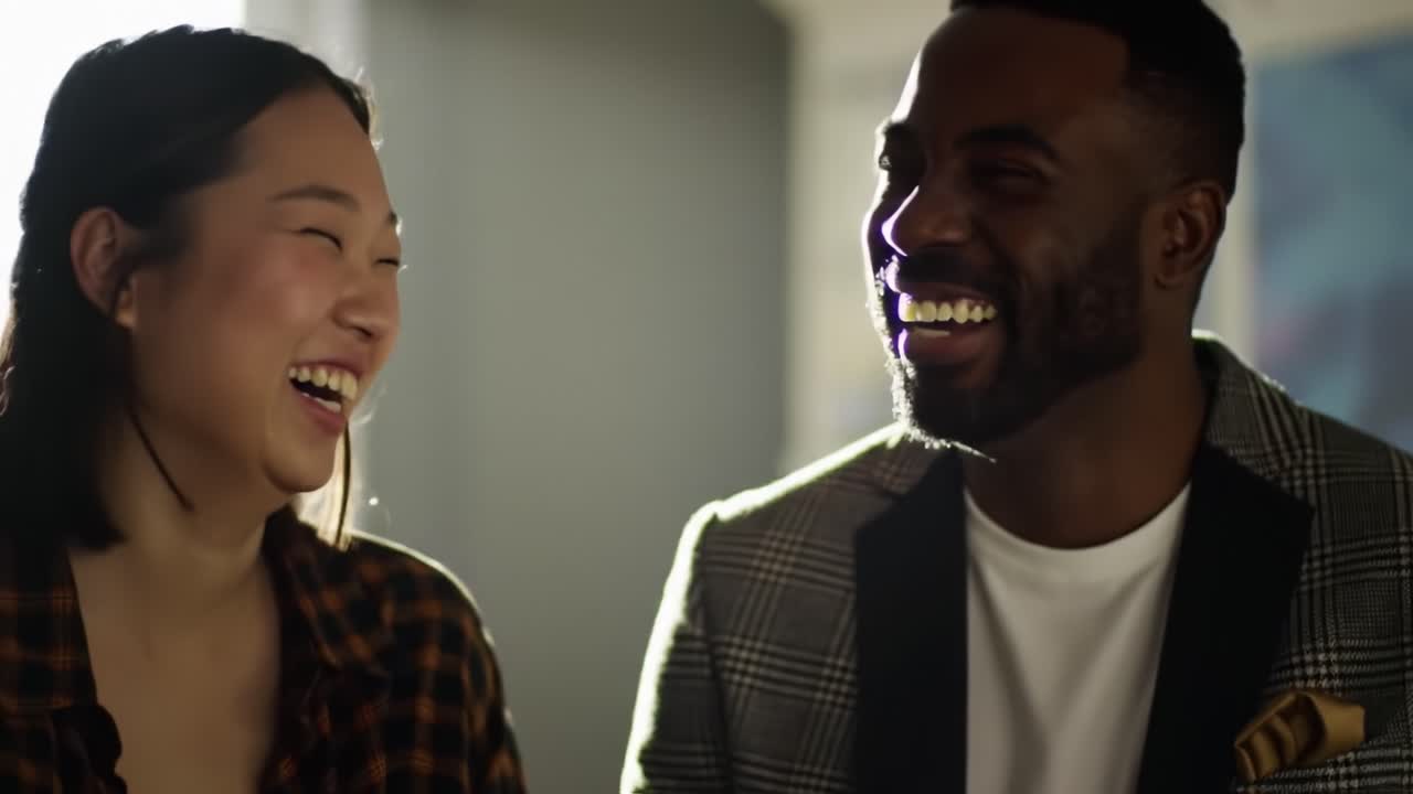 Joyful Moment of Laughter: Two Friends Share a Heartwarming Experience in a Brightly Lit Room, Capturing the Essence of Connection and Happiness