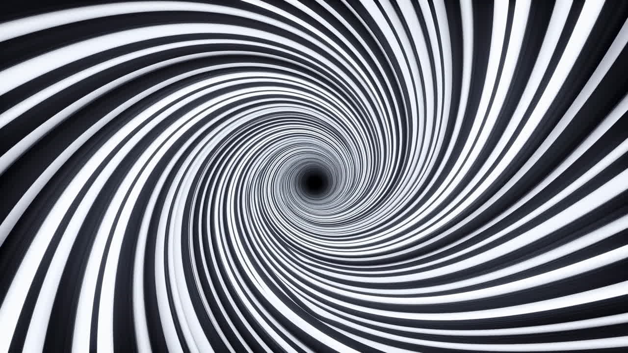Hypnotic Black And White Spiral Vortex Drawing Viewer Into Dizzying Optical Tunnel, Kinetic Swirl Animation,