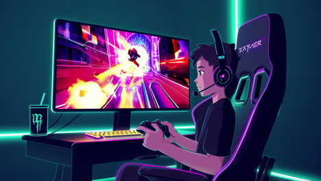 young gamer engaged in a vibrant action video game