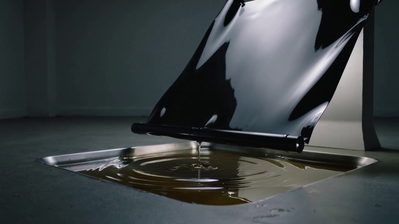 Releasing bead from glossy black panel, shedding thick dark drops into steel tray, forming ripples