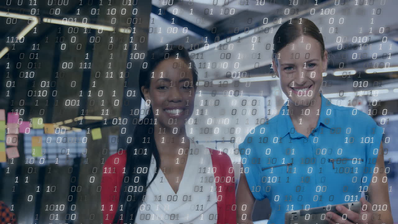 Animation of binary coding data processing over diverse business people in office