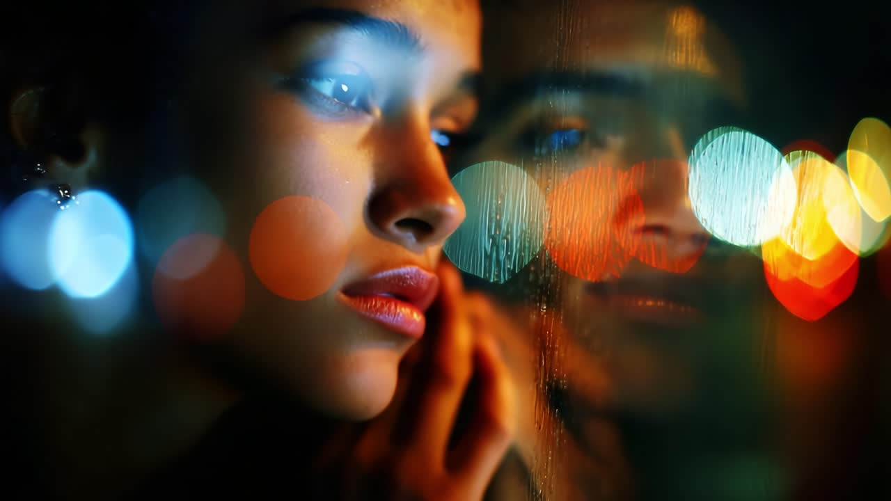 A young woman gazes contemplatively through a misted glass window, her reflection mingling with colorful city lights, evoking a sense of longing and introspection amidst the urban night