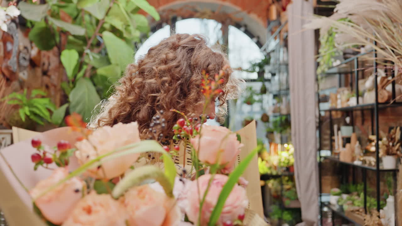 Fiorista che consegna un bouquet confezionato a un cliente all'ingresso soleggiato, con petali profumati e nastri in mostra. Un breve sorriso scambiato mentre un cagnolino si aggira nel corridoio. Passeggiata serena in boutique attraverso un ambiente lussureggiante.