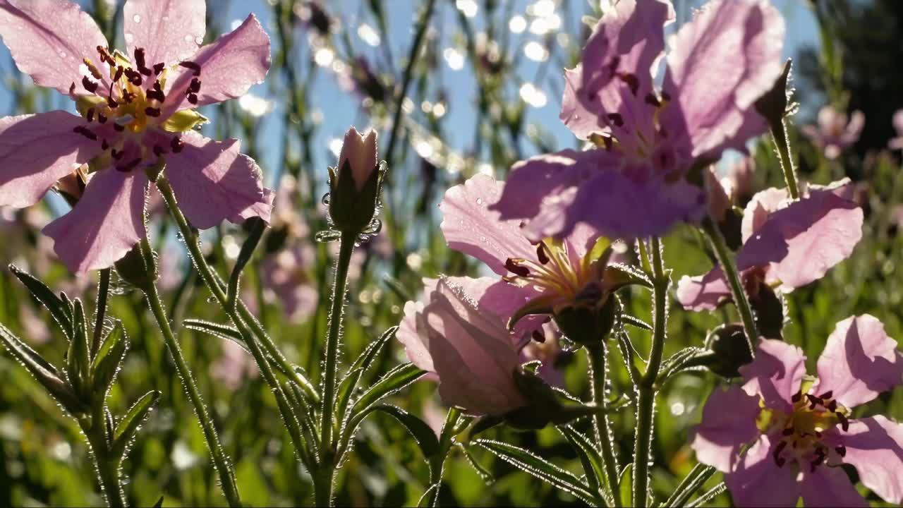 Nærbildevideo av rosa blomster med dugg, filmet fra lav vinkel.