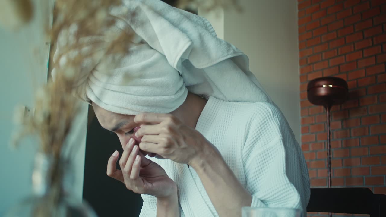 거울 앞 에서 피부 관리 제품 을 사용 하는 여자