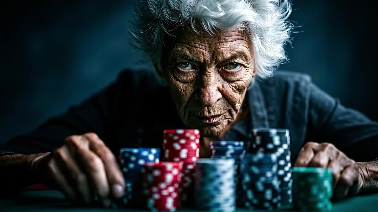 An old woman playing poker