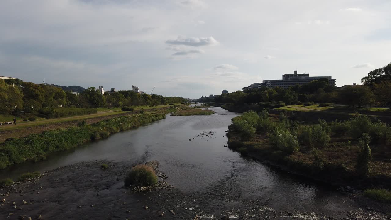 Wide Landscape of Kamo River iconic natural area in Kyoto City Japan at daylight