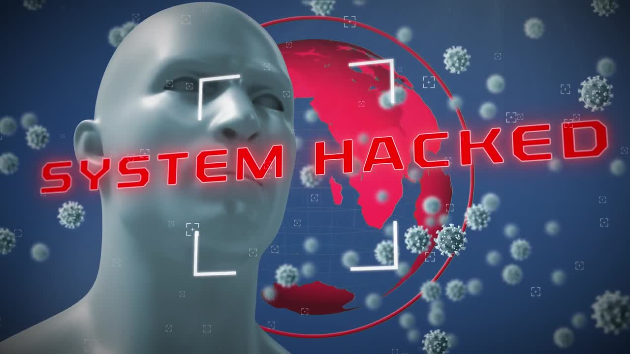 인간 머리 모델과 시스템의 애니메이션이 파란색 배경에 바이러스로 해킹되었습니다.