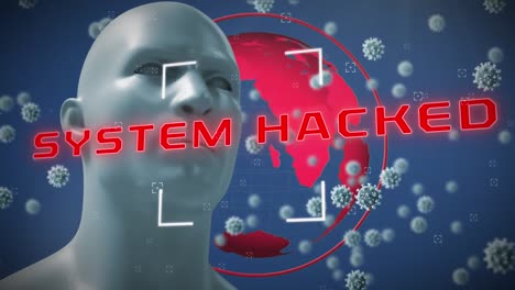 animation of human head model and system hacked over blue background with viruses