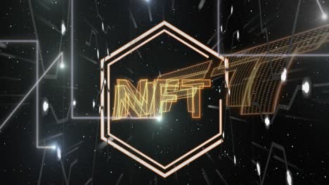 animation of nft in hexagons floating over black background with integrated circuit