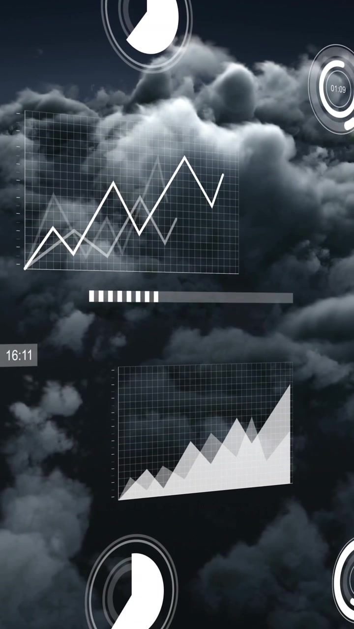 Animation af statistisk databehandling mod mørke skyer på himlen