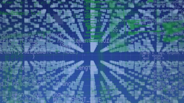 Animation of data processing over digital padlock with integrated circuit on blue background